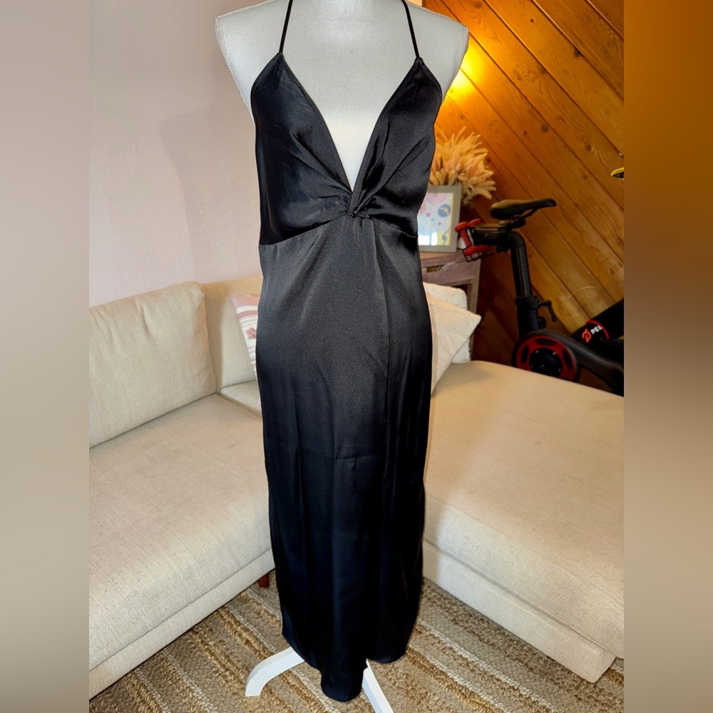 Express twist front black satin cocktail dress